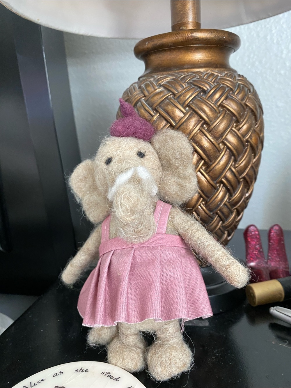 Handmade Felt Elephant Doll in Pink Dress